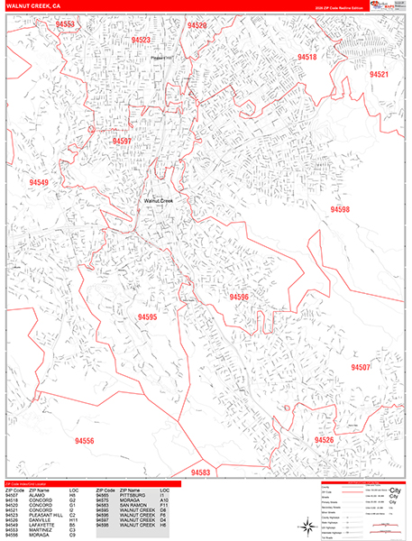 Walnut Creek Zip Code Wall Map